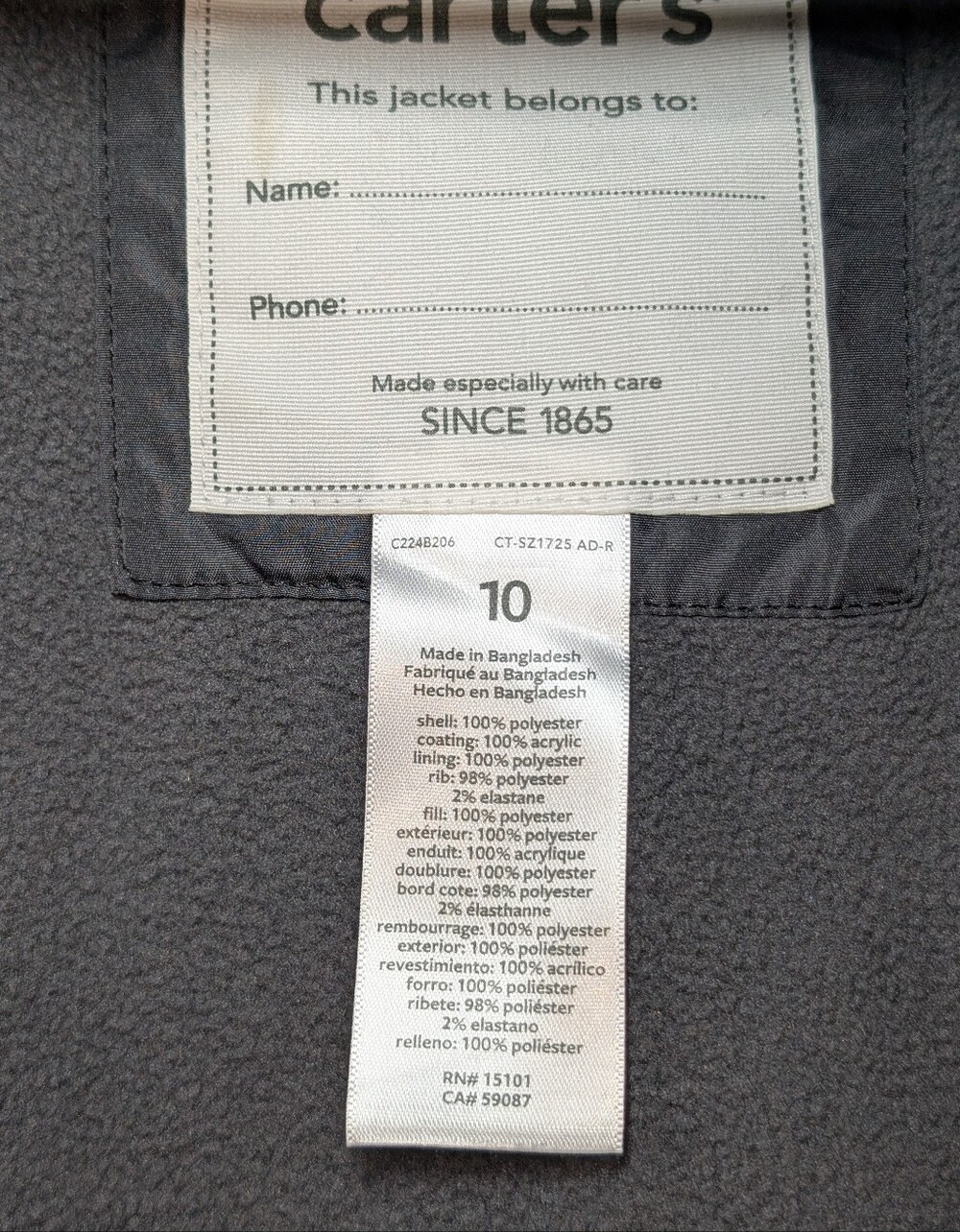 Carter's Kids 10 Gray Quilted Hooded Puffer Jacket Zup Up Fleece Lined - Picture 4 of 7
